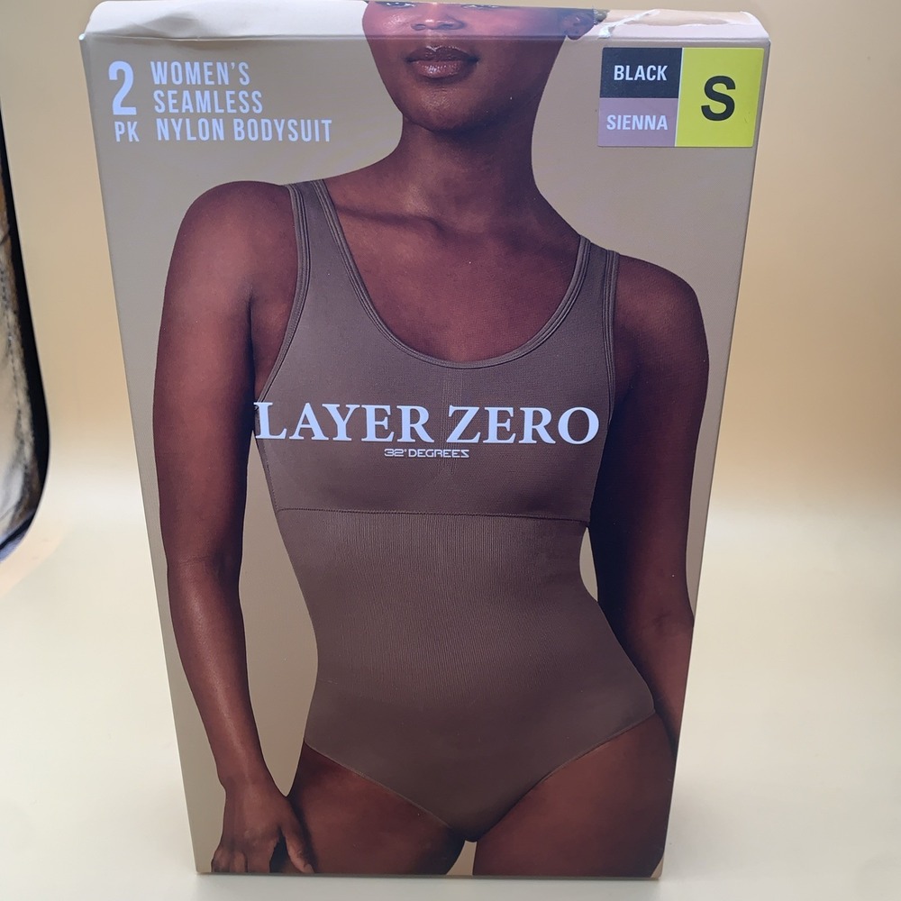 32 Degrees Layer Zero 2 Pack Seamless Nylon Snap Bodysuit Black/ Sienna Small